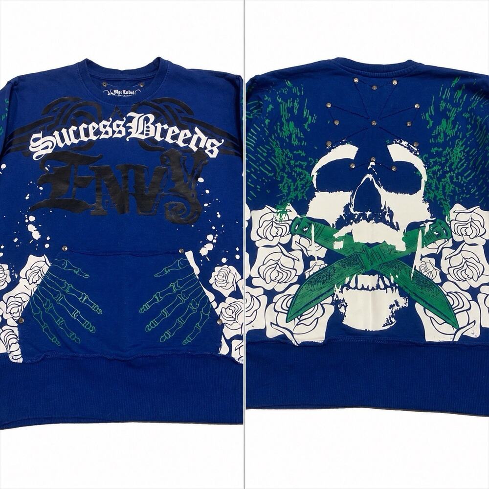 Blac Label Y2K Sweatshirt Skull Roses Tattoo Studded Blue Small